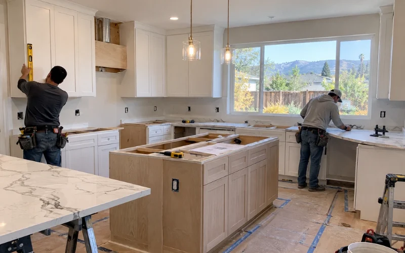 Contractors installing white shaker cabinets and fitting quartz countertops during a kitchen remodel, with a new island frame in the center.