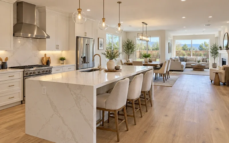 Open floor plan kitchen with a marble waterfall island, pendant lights, white cabinets, and light hardwood floors.