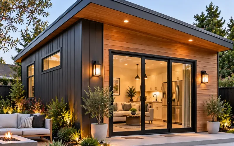 Modern backyard ADU with black vertical siding, cedar wood panels, a shed roof, and sliding glass doors, next to a fire pit lounge at dusk.