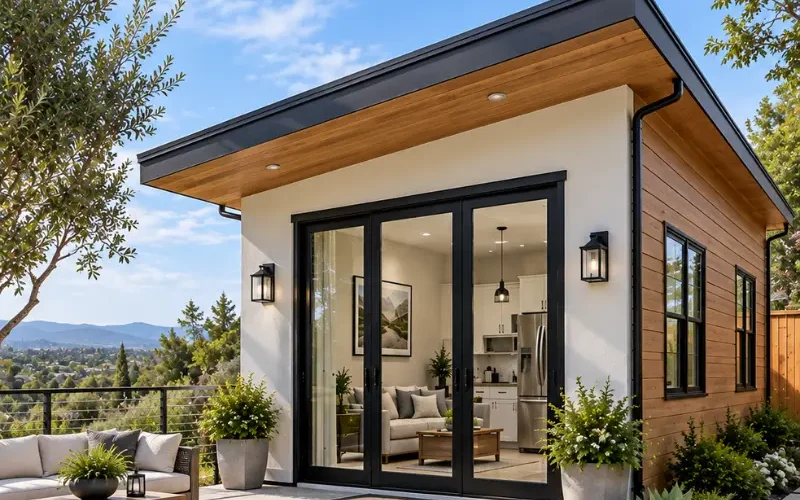 Daytime view of a modern stucco and wood ADU with a shed roof, French doors, and an outdoor lounge area overlooking a hillside neighborhood.