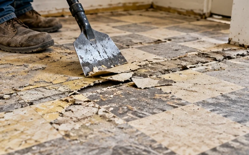 Flooring contractor removing damaged old floor tiles and adhesive with a floor scraper during a residential flooring replacement project.