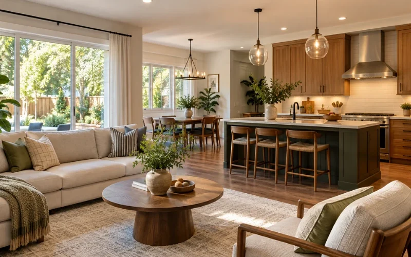 Open-concept living room and kitchen with a beige sectional, round wood coffee table, green island, and wood cabinets.