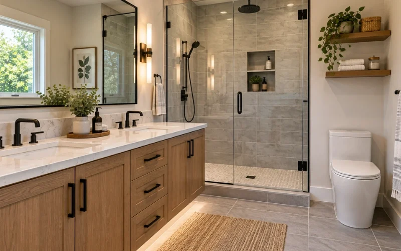 Primary bathroom remodel with a double vanity, black fixtures, a rain shower head and a frameless glass shower enclosure.