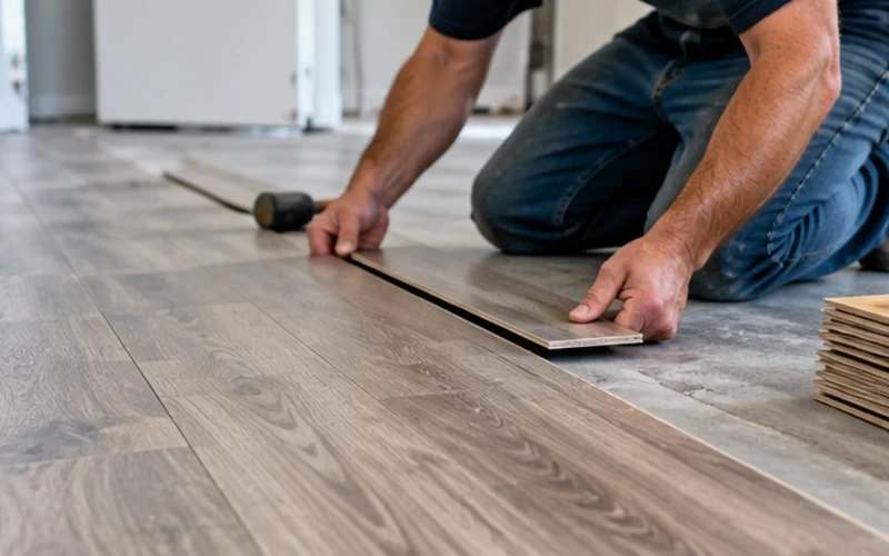 Professional flooring contractor installing wood-look flooring planks over a prepared subfloor inside a residential home.
