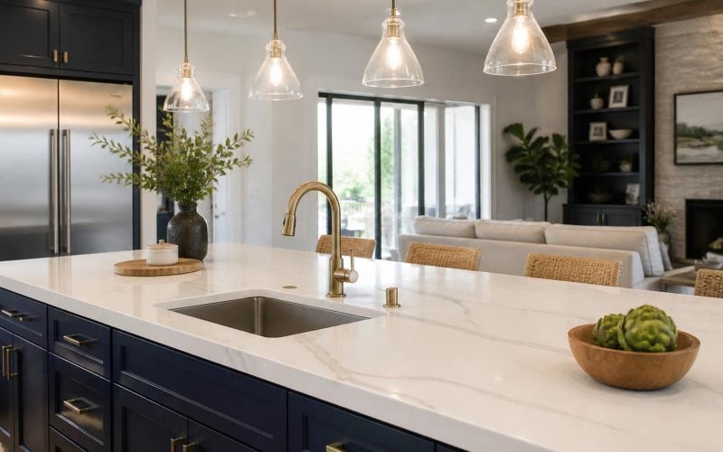 Kitchen island with a white quartz countertop with soft gray veining, an undermount sink, a brass faucet, navy shaker cabinets, and glass pendant lights.