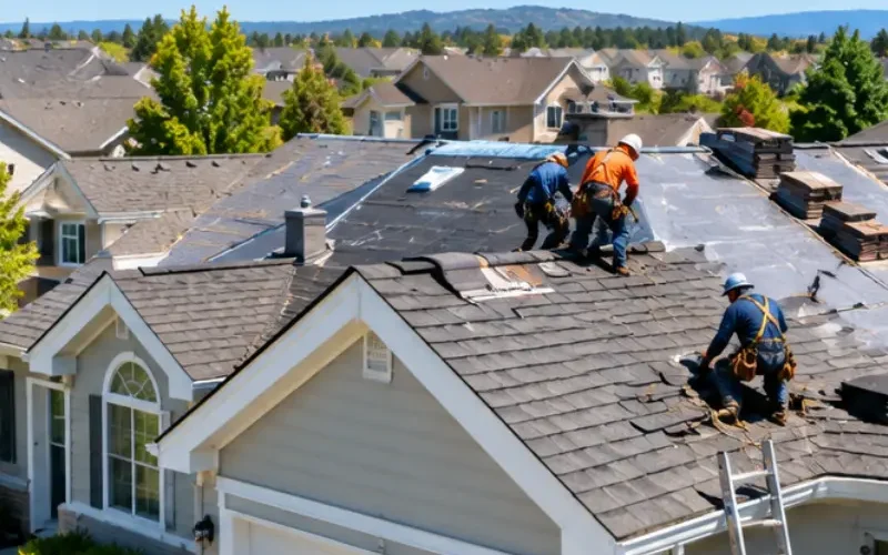 Roofing contractor crew replacing shingles on a residential roof in a suburban neighborhood.
