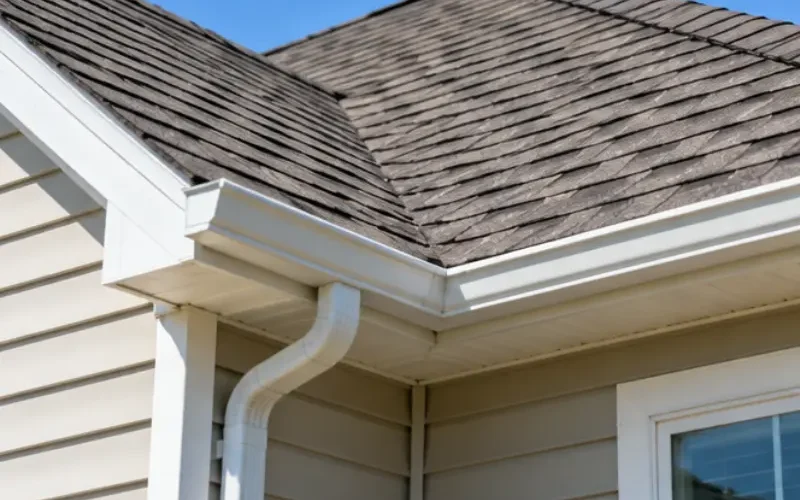 Finished asphalt shingle roof with white gutter and downspout after a roofing contractor’s installation.