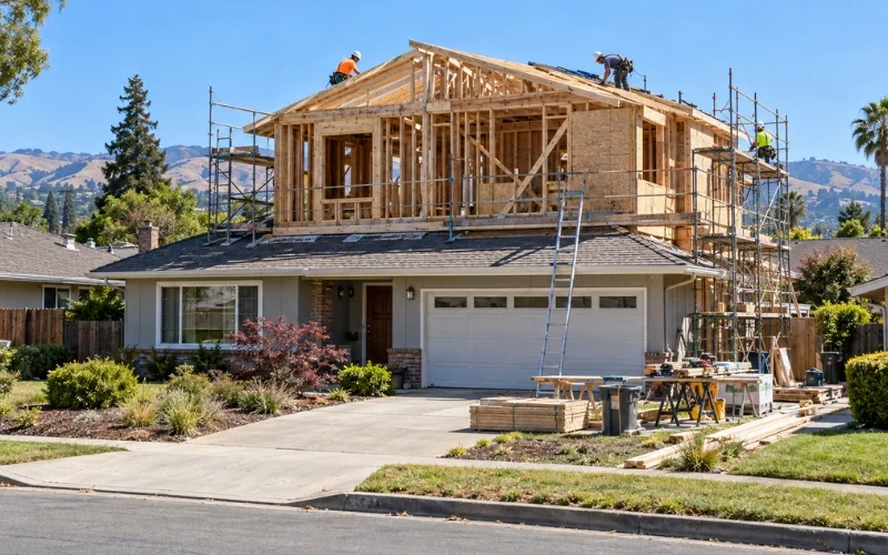 Construction crew framing a second-story room addition on top of a single-story home, with scaffolding, ladder, and lumber in front.