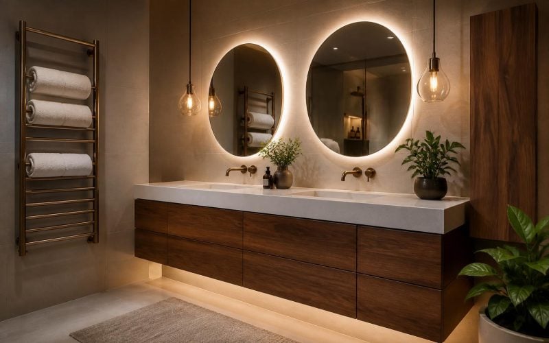 Spa bathroom with a walnut floating double vanity, backlit round mirrors, a heated towel rail with rolled towels, and warm under-cabinet lighting.