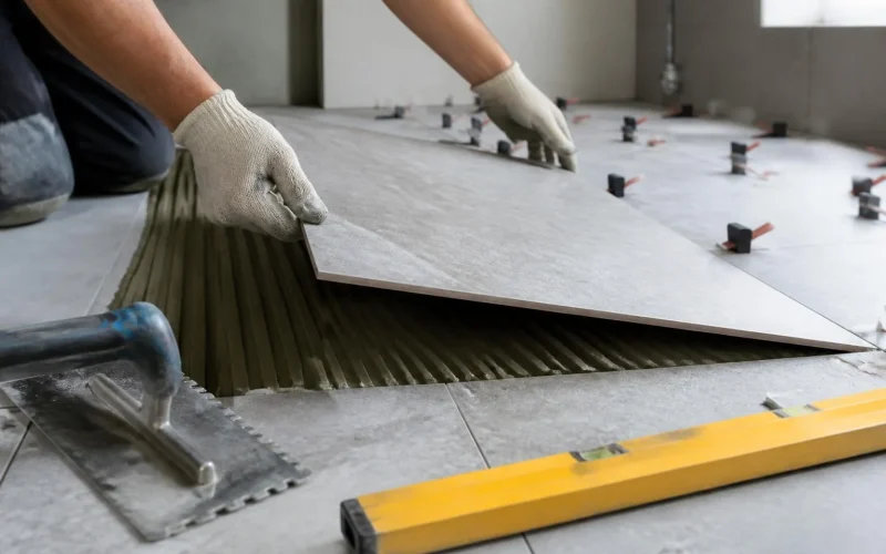 Tile installer setting a large porcelain bathroom floor tile into thin-set mortar with leveling clips, a notched trowel, and a level.