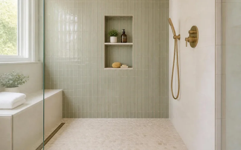 Walk-in shower with sage green vertical subway tile, a tiled niche, hexagon mosaic shower floor tile, linear drain, and brushed brass fixtures.