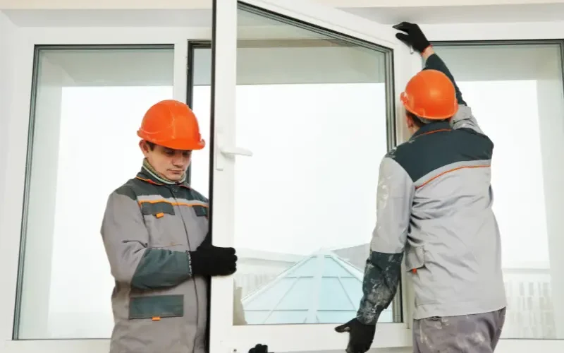Two window installers in hard hats and work uniforms lifting a white vinyl window sash into its frame during a window replacement.